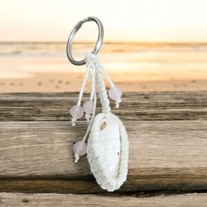 Macrame Rose Quartz & Shell Beaded Keychain, Key Ring, Gemstone Accessories 3.5"